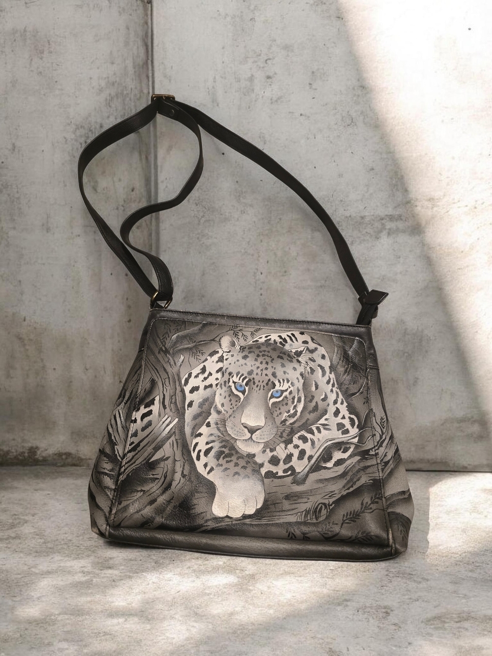 Anuschka Gray Leopard Motif Leather Shoulder Bag
